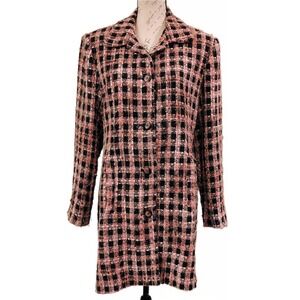 Vtg 90s Requirements Pink Plaid Tweed Coat 12 Y2K Britishcore Wool Blend Retro